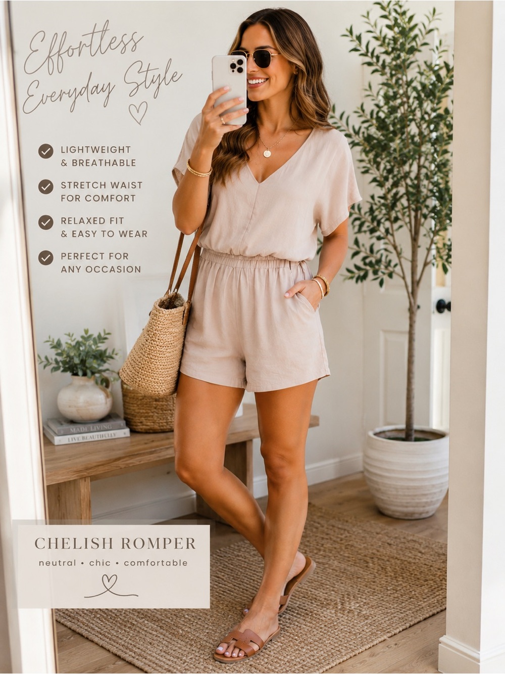 🤍 CHERISH SELF Beige Open Back V-Neck Romper – Size Medium 🤍